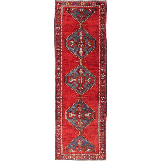 Colorful Turkish Wide Runner in Rich Red and Steel Blue 3'10 X 12'7 For Sale