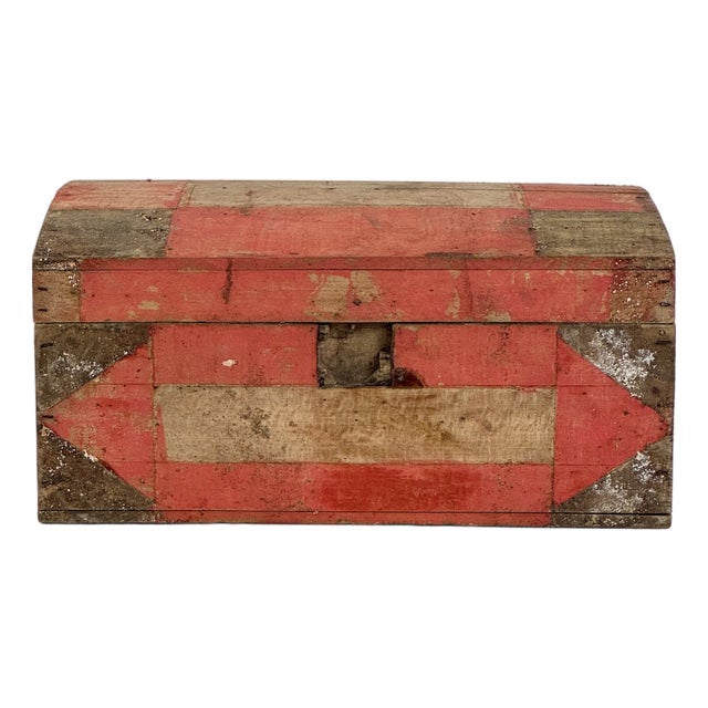 A Vintage Domed Rectangular Wooden Remnant of a Decorative Storage Box in Salmon Red For Sale