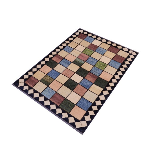 Art Deco Modern Gabbeh Beige/Black Wool Rug - 4'0'' X 5'4'' For Sale - Image 3 of 10
