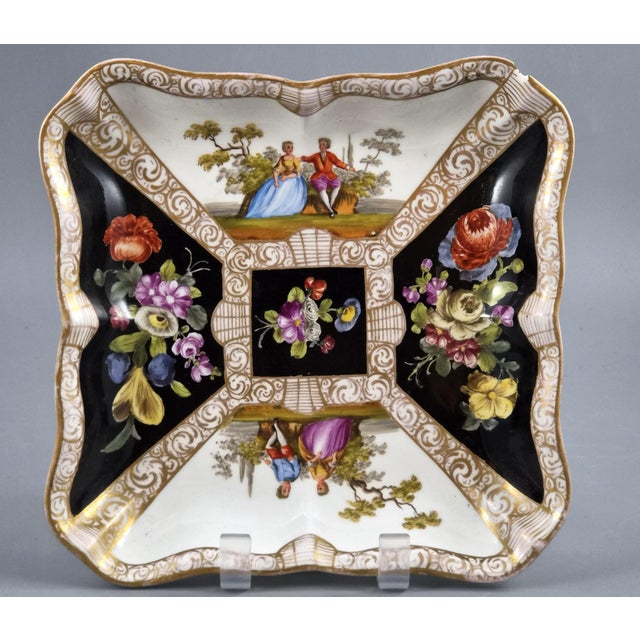 Porcelain Square Dish with Watteau Scenes and Black Ground from Meissen, 1850 For Sale - Image 13 of 13