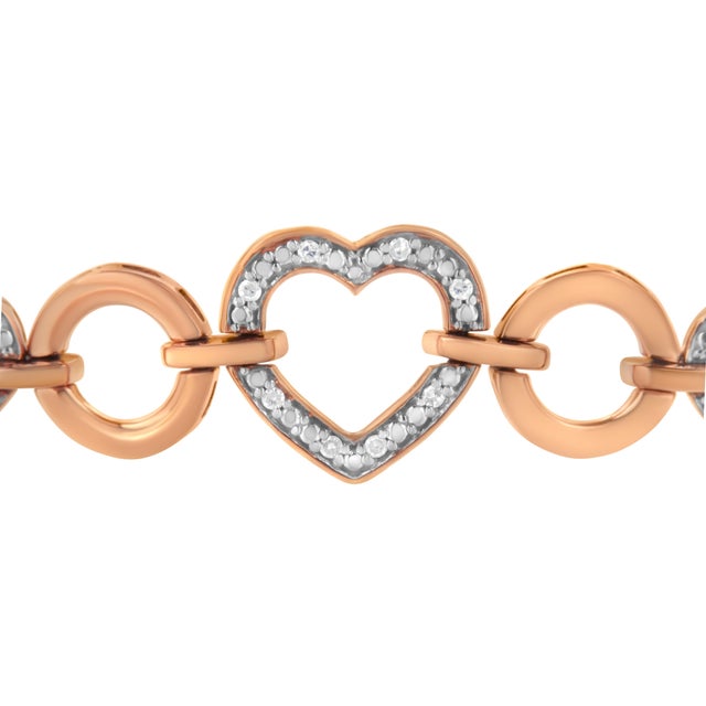 Early 21st Century 14K Rose Gold Plated .925 Sterling Silver Diamond Accent Circle and Heart Link Adjustable 6 Bolo Bracelet (I-J Color, I3 Clarity) For Sale - Image 5 of 7