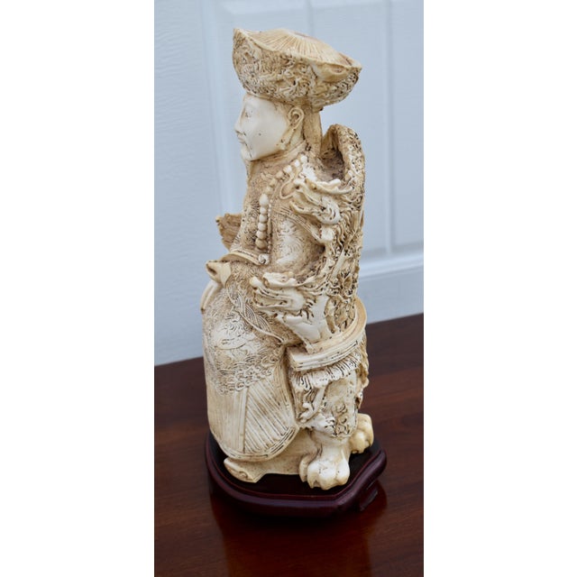 Vintage Emperor Resin Statue Chinese Faux Ivory Carved Figurine Dragon Throne For Sale - Image 14 of 15