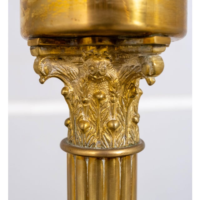 Glass Pair Corinthian Column Brass Candlesticks W. Crystal Globes For Sale - Image 7 of 18