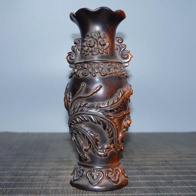 Wood Vintage Chinese Boxwood Carved Vase With Phoenix Motif For Sale - Image 7 of 9