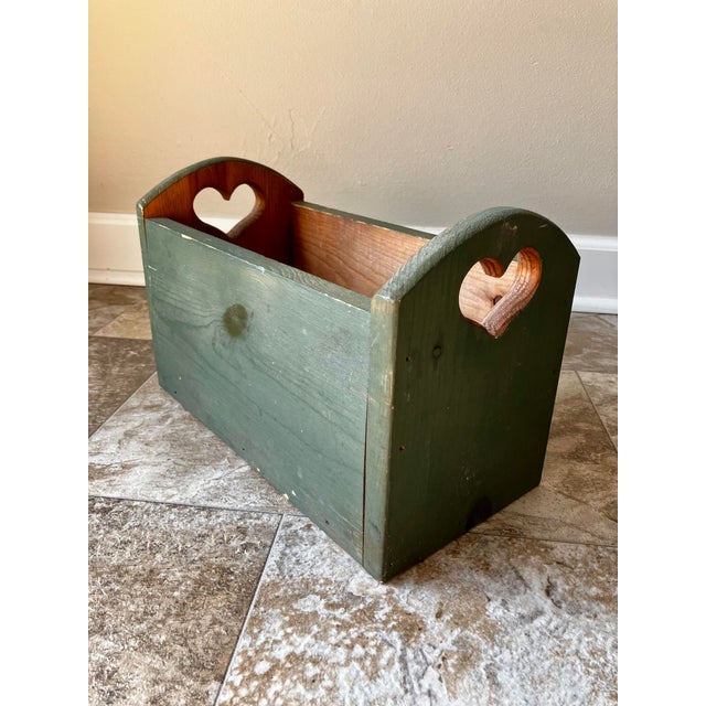Vintage Country Rustic Sage Green Pine Magazine Crate With Heart Cutouts For Sale - Image 4 of 12