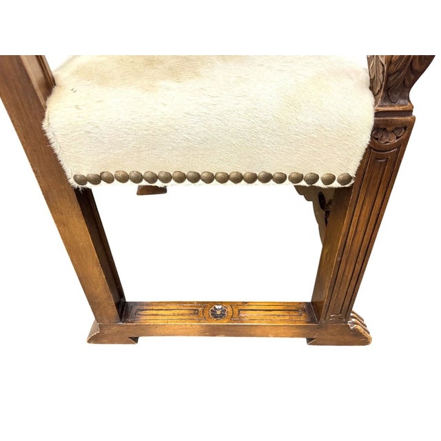 Antique Renaissance Style Carved Wood Animal Hide Throne Accent Chair For Sale In Chicago - Image 6 of 18