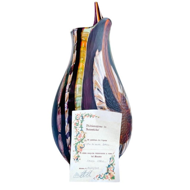 Brown Large Murano Glass Vase Hand-Blown High Spout Filigree by Colizza For Sale - Image 8 of 9