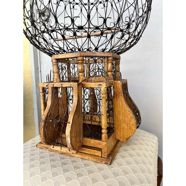 Hollywood Regency Vintage Victorian Style Wooden & Wrought Iron Balloon Bird Cage. For Sale - Image 3 of 5