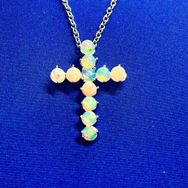 Natural Opal Cross Pendant Necklace 20" 14k WG 4.50 CT Certified For Sale - Image 9 of 11