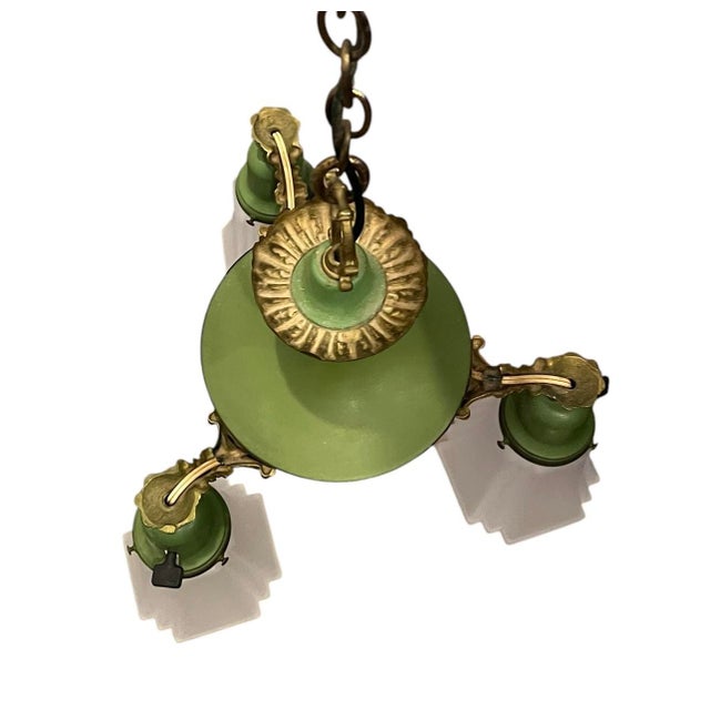 This is a gorgeous brass pan antique art deco chandelier dating from the 1920s - 30s. Featuring lovely detailing with...