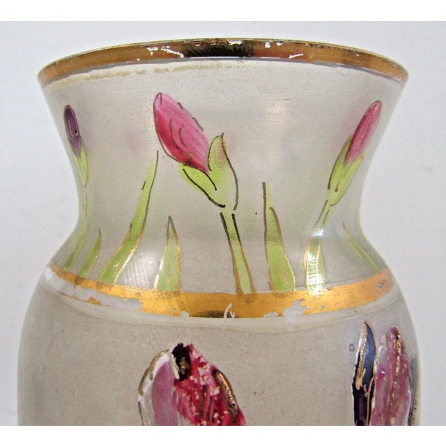 Art Nouveau Vintage Mont Joye Legras Hand Painted Iris Flower Frosted Glass Vase For Sale - Image 3 of 11