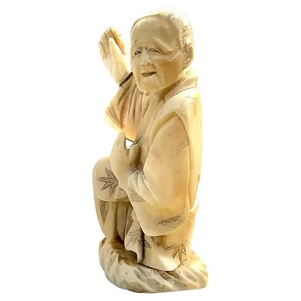 Japanese Okimono Sitting Man Figurine For Sale - Image 4 of 8