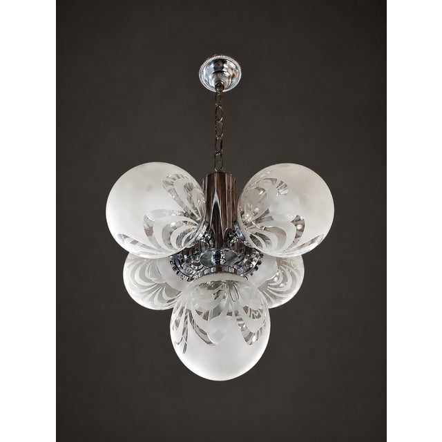Vintage Art Deco Style Chandelier with Etched Glass Shades and Chrome Finish, 1970s For Sale - Image 3 of 9