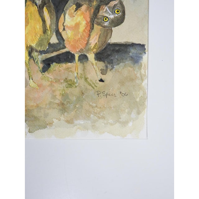 2006 watercolor on paper painting of a group of curious little owls. Signed P. Speer, dated 2006 lower right. Unframed.