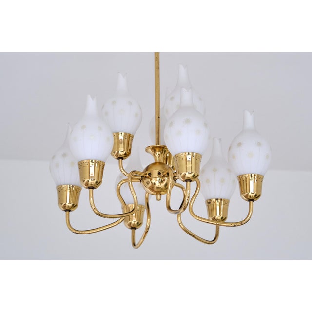 Swedish Modern Nine Arm Chandelier in Brass and Decorated Opal Glass, 1950s For Sale - Image 6 of 17
