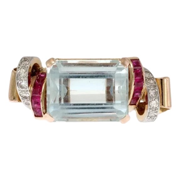 Retro 12.60ct Aquamarine Ruby Diamond 18k Rose Gold Fancy Ring For Sale