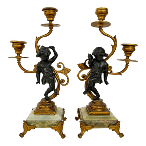 Pair of Gilt & Patinated Art Nouveau Candelabras Mounted on Onyx