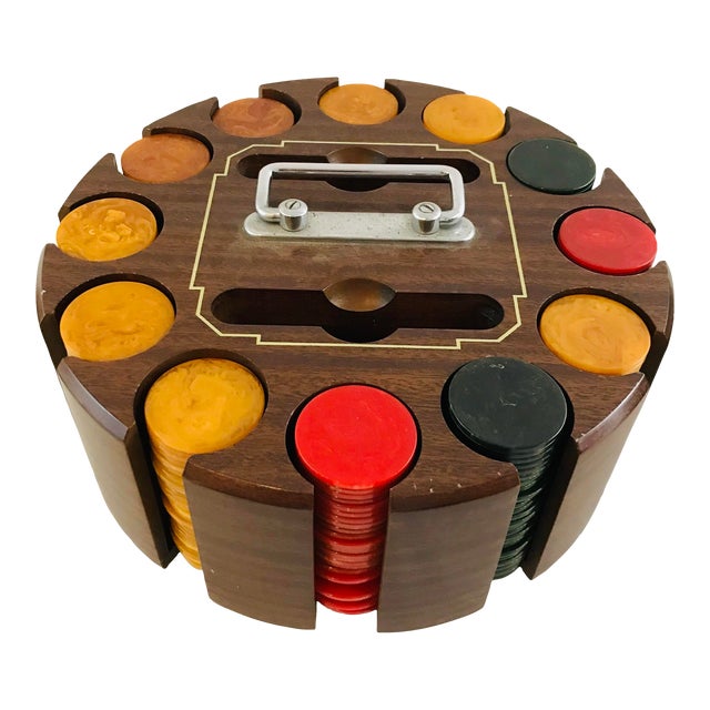 1940s Bakelite Poker Chips Butterscotch, Red Green Swirl With Wood