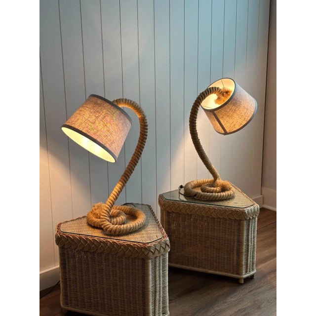 Brown French Mid-Century Rope Table Lamps, Pair For Sale - Image 8 of 18