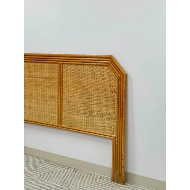 Wood Vintage Bamboo Wicker Queen Headboard Coastal Hollywood Regency MCM For Sale - Image 7 of 9