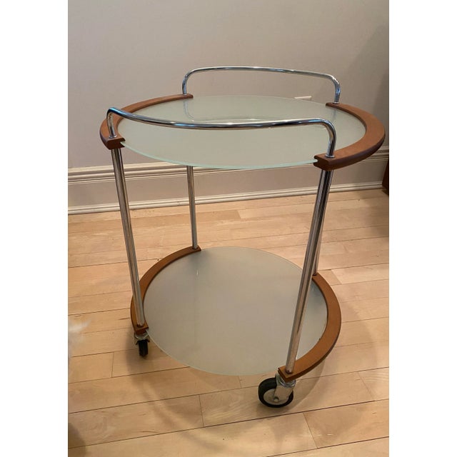 1990s 1990s Italian Wood, Sterling, and Frosted Glass 2 Level Bar Cart With Wheels For Sale - Image 5 of 6
