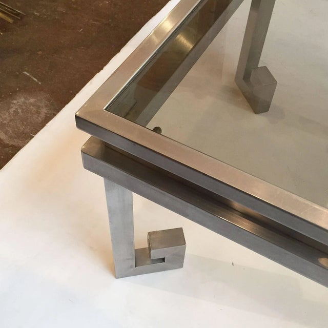 Metal Large French Low Cocktail or Coffee Table of Brushed Steel and Smoked Glass, Greek Key For Sale - Image 7 of 11