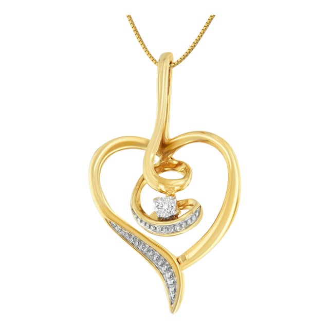 Espira 10K Yellow Gold .03 Cttw Diamond-Accented Round-Cut Diamond Swirl Open Heart 18" Pendant Necklace (I-J Color, I2-I3 Clarity) For Sale
