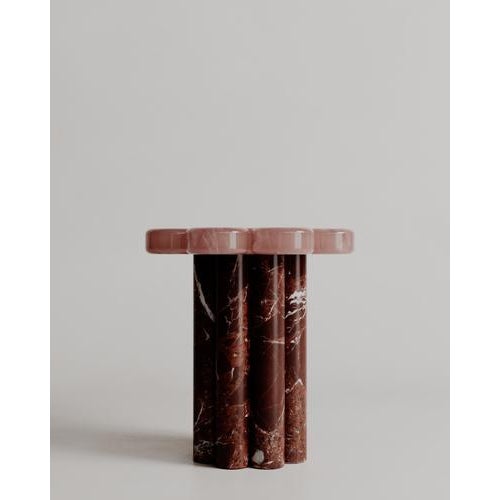 Custom Limited Edition, Rosso Lepanto and Onice Rosa & Brass Marbelle Side Table By Esther Knopfler Dimensions: Dia. 45 x...