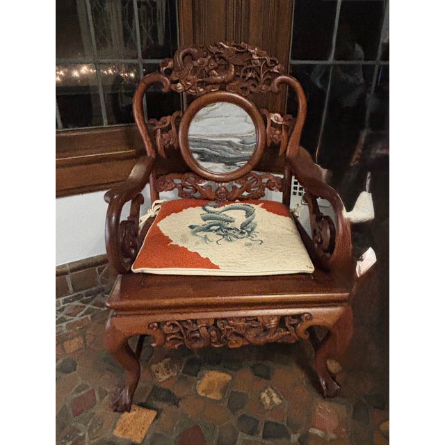 Pair of Mid Century Chinese Asian Rosewood Arm Chairs With Matching Dream Stone (Marble) Inserts, Elaborate Carving, Needlepoint Seat Cushions For Sale - Image 10 of 18