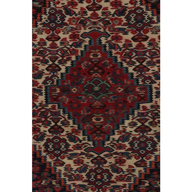 Traditional 1950s Vintage Senneh Kilim in Red, Blue & White Tribal Pattern For Sale - Image 3 of 7