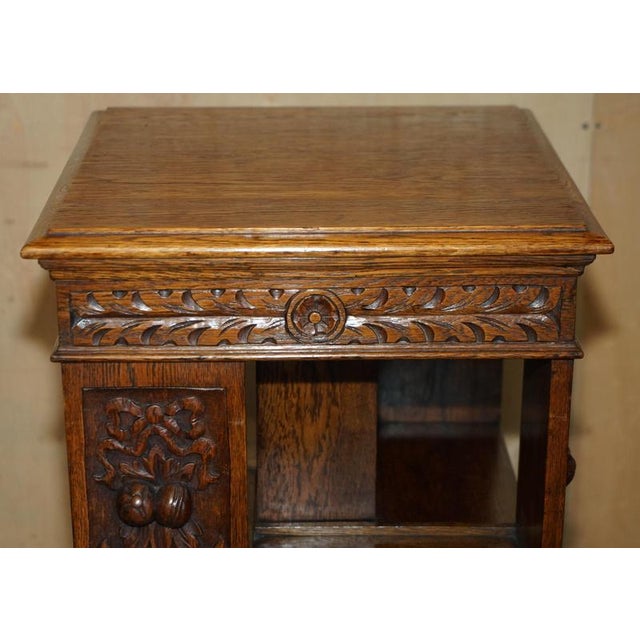 Wood Carved 1880 Antique Victorian English Oak Revolving Bookcase Book Table For Sale - Image 7 of 17