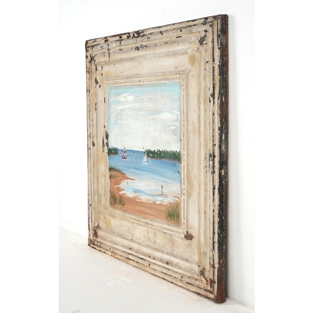 Hand painted acrylic scenic sailboat painting on antique tin ceiling panel. It is unsigned. Each piece is one of a kind...