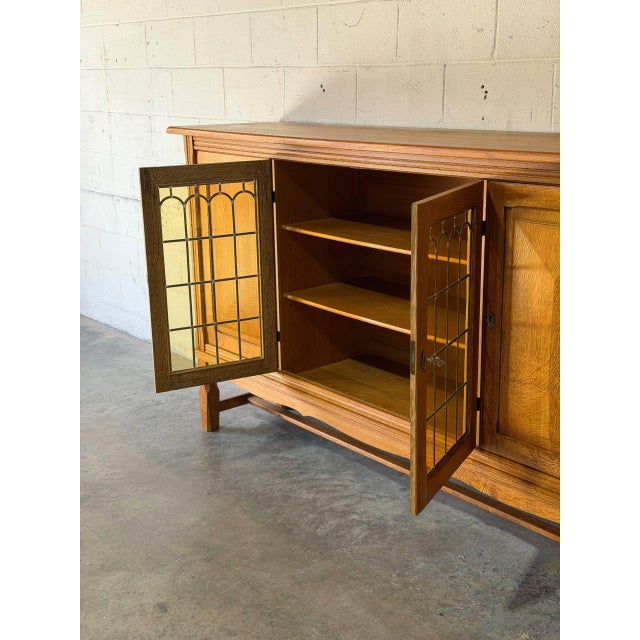 Mid-Century Modern In Style of Henning Kjærnulf Oak Sideboard Credenza With Carved and Leaded Glass Doors Danish Mid-Century Modern 1970s For Sale - Image 3 of 11