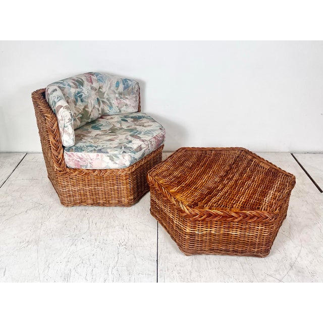 Vintage hexagonal wicker rattan lounge chair and ottoman/coffee table set. Attributed to Brown Jordan. Hexagon thick woven...