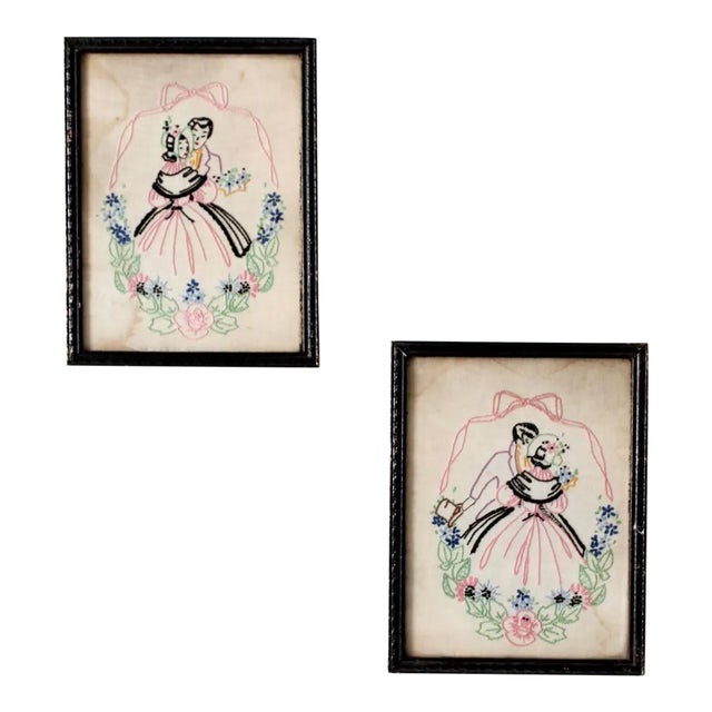 Vintage Framed Embroidered Textile Wall Art For Sale