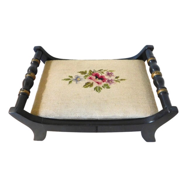 Vintage Mid-Century Hitchcock Black & Gold Floral Needlepoint Footstool For Sale