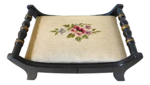 Vintage Mid-Century Hitchcock Black & Gold Floral Needlepoint Footstool
