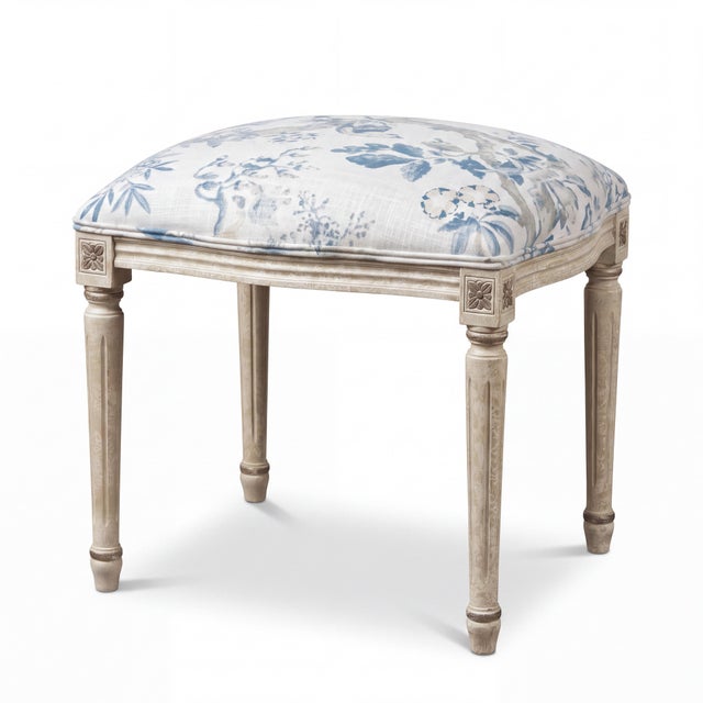 French Louis XVI Style Painted Ottomans W/ Blue & White Linen Upholstery - Pair For Sale - Image 4 of 6