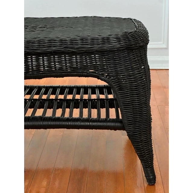 French Small Wicker Woven Coffee Table in Black With Lower Rattan Shelf, C. 1970 For Sale - Image 13 of 16