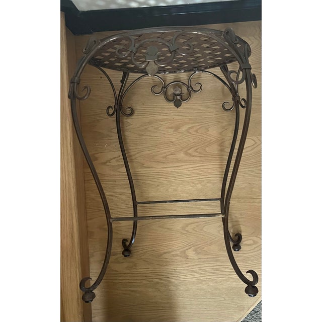 Metal Late 20th Century Wrought Iron Metal Basket Weave Top Patio Tables Set of Two For Sale - Image 7 of 7