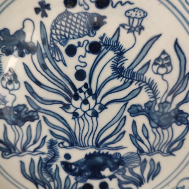 White Chinese Ceramic Plate,Qianlong Marked Blue and White Porcelain Plate Hand Painted Fish Pattern For Sale - Image 8 of 10