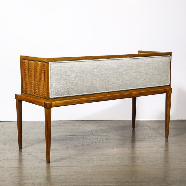 Brown Mid-Century Brass Lined Walnut Settee W/ Cane Detailing & Holly Hunt Upholstery For Sale - Image 8 of 18