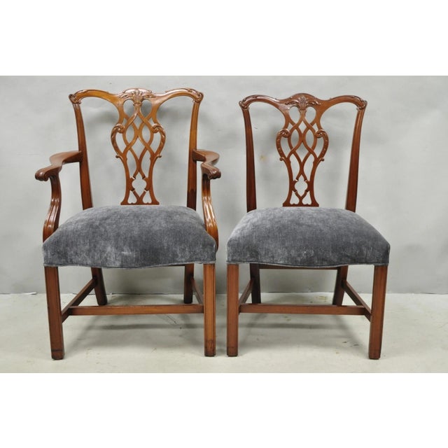 Antique Chippendale Style Mahogany Carved Fretwork Dining Chairs - Set of 10 For Sale - Image 4 of 18