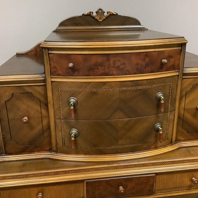 Antique Burled Wood Dresser Bakelite Handles 10 Drawer Tiered Inlaid Trim Solid Wood Depression Era For Sale - Image 4 of 12