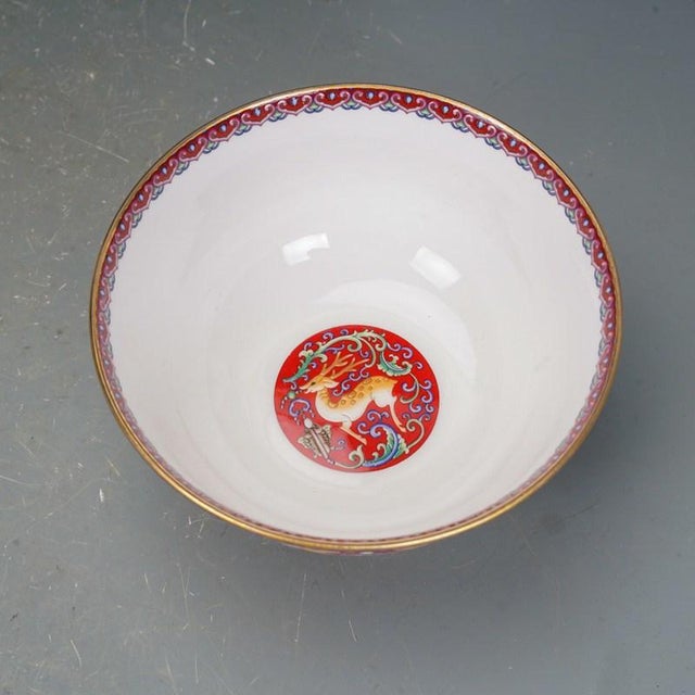 Mid 20th Century Enameled 6 Porcelain Bowls With Box – Famille Rose Style Deer & Floral Motif - 7 pcs For Sale - Image 15 of 18