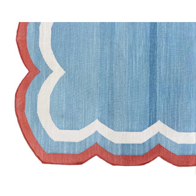Handmade Cotton Area Rug, Sky Blue Scalloped With Terracotta Border - 8'x10' For Sale - Image 10 of 10