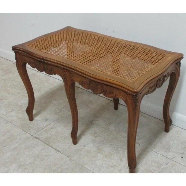 1940s Antique Quality French Country Carved Cane Bench Stool Coffee Table For Sale - Image 5 of 10
