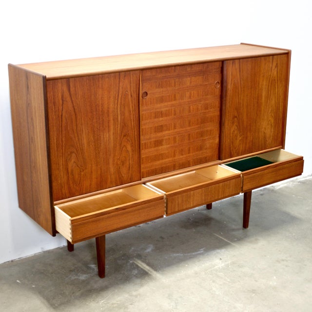 1950s Danish Teak Tall Sideboard / Highboard With Inlaid Veneer Design For Sale - Image 15 of 17