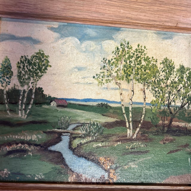Impressionist 1970’s Original Farm With Running Stream Naive Landscape Painting For Sale - Image 3 of 6