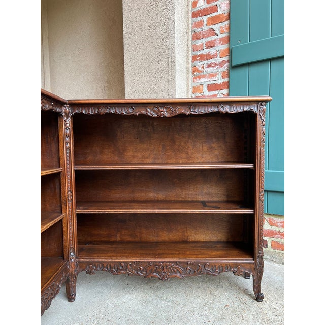 Brown Antique French Corner Bookcase Carved Oak Louis XV Revival Open Shelves C1920 For Sale - Image 8 of 18